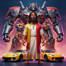 stylish caricature 3 d vfx drew struzan movie poster art of an african jesus surrounded giant mecha & sports cars, art style by james jean & hsiao - ron cheng, unreal engine render, digital illustration, sharp, intricate detail, volumetric lighting, ray tracing, soft light, neon, claymation style, ernie barnes style, symmetry, acrylic on canvas, pinterest, artstation
