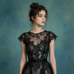 a portrait of a young woman wearing an evening dress, black transparent lace, messy bun hairstyle, delicate face, looking away, cinematic, intricate details and textures, soft lighting, epic pose, in front of a blue - green wall, by artgerm, greg rutkowski, alphonse mucha, jeremy lipking, 8 k
