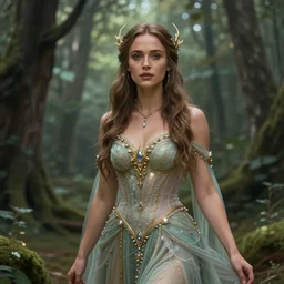 hyper - realistic, gorgeous!!! woman resembling alicia vikander & eiza gonzalez as a fairy princess in the woods, elegant, cute, divine aura, nature goddess, dungeons and dragons, intricate, highly detailed, artstation, digital painting, character design, concept art, illustration, sharp focus, art by artgerm & jeehyung lee & wlop