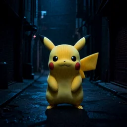 Dimly lit photo of a lone Pikachu Pokemon standing ominously in the middle of a dark alley at night, scary horror