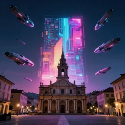 piazza martiri in the city of rivoli in italy, alien spaceships in the sky, in the style of blade runner, giant holographic adv, cinematic, neon lights, futuristic, cyberpunk, sharp focus, matte painting, variation in the composition, asymmetric, artstation