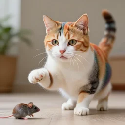 a Rainbow cat ready to catch a mouse, ultra realistic, 8K