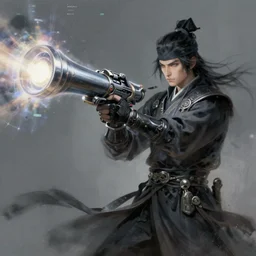 A sorcerer wielding a futuristic blast cannon, smooth, intricate, elegant, power aura, digital painting, artstation, concept art, high tech fantasy, sharp focus, illustration, art by Shintaro Kago-H 640