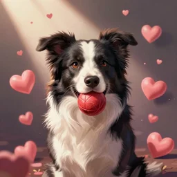 cute digital painting of a border collie with ball in mouth surrounded by hearts