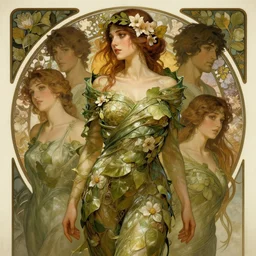 nymph wrapped in leaves and flowers by greg rutkowski, cinematic lights, highly detailed, digital painting, artstation, smooth, sharp focus illustration, artstation hq. intricate, elegant. art by wlop and artgerm and greg rutkowski, alphonse mucha, medium shot. dan mumford, tomokazu matsuyama, takato yamamoto