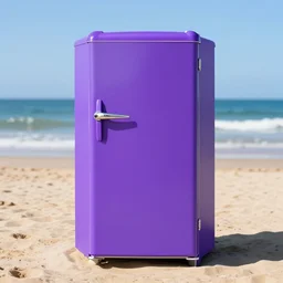 purple refrigerator on a beach, 4k photo