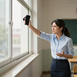 angry teacher throws phone out the window because / no phones in school!, studio lighting
