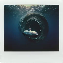 a submarine cruising over a the eye of a massive sea creature, murky water, dark water, dark!!!, creepy, terrifying, megalophobia, huge!!!, scary, old polaroid, expired film, top down view, underwater,