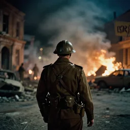 an photograph of a ww 2 soldier from the back in a bombed city street at night. in the background there is smoke and fire. christopher nolan style. cinematic!! shot. movie film frame. cinematography. detailed. hq. in - frame. imax. anamorphic!! film. anamorphic bokeh!!!. kodak. helios 4 4 m.