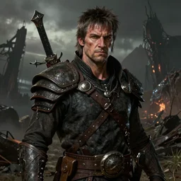 A fantasy comic book style portrait painting of Mel Gibson as a grim survivalist warrior in a dark post apocalyptic landscape, unreal 5, DAZ, hyperrealistic, octane render, RPG portrait, ambient light, dynamic lighting
