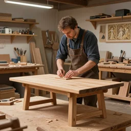 a hyperdetailed matte portrait of simple craftsman fine woodworker | building a wooden table in their well organized clean workshop, highly detailed, deep focus, elegant, digital painting, sharp focus, ultra realistic, 8 k, art by greg rutkowski and rembrandt and alphonse mucha, ultrawide lens