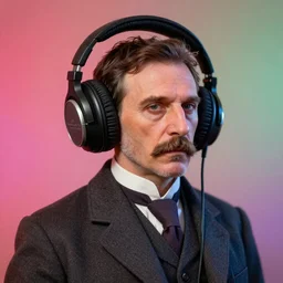 Miniature of Nicola Tesla listening music with headphones, studio shot, Vibrant colors, Smooth gradients, cinematic, photograph