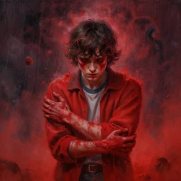 a detailed painting with Mike Wheeler of Stranger Things being held by the red dust, bizarrely sinister sky, rain, fear, traces by Andrew Ferez, cg society, fantasy art, biomorphic, mystical, whimsical