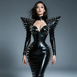 award winning high fashion latex dress with huge spikes, blade runner 2 0 4 9 style, sexy fashion model with long hair, high - end photoshoot, rembrandt lighting