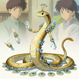 concept designs for a character that is an ethereal anthro snake peacock with hands, golden scales and porcelain blue accents scatter in its design, influences from peacocks and mantis shrimp for its accessories of choice, it has a single leg that is a serpents tail covered in gold and jewels, art by yuji ikehata and satoshi kon, background art by miyazaki, anime