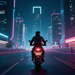 an atmospheric lighting illustration of the back of a biker in the foreground centered while riding in a cyberpunk riyadh city at night in neon lights by john alvin render octane cyberpunk glowing particles