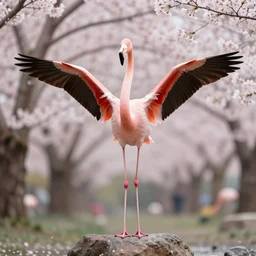 a flamingo in the middle of a gorgeous cherry blossom forest standing on a rock spreading it's wings in all it's glory, 8 k, realistic photo, highly detailed, high quality, highly realistic, coherent