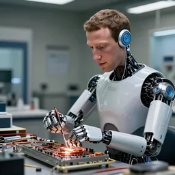 Mark Zuckerberg robot undergoing repairs, photo, detailed, 4k
