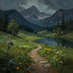 beautiful matte painting style dark academia, whimsical art fantasy path mountains and meadow in the background near a lake reflecting the trees, atmospheric lighting, painted, intricate, volumetric lighting, beautiful, rich deep colors masterpiece, sharp focus, ultra detailed by
