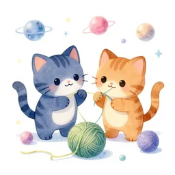 cute galactic space kittens playing with yarn, painted in water colors