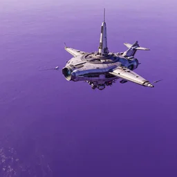 a digital art of purpleish ocean from above, with a flying hightech laboratory above it, retro sci - fi, stanislav lem silaris, detailed, in the style of greg rutkowski