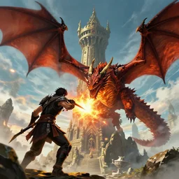 skyrim anime, detailed, lighting, dragon fight, fire, mythical, tower