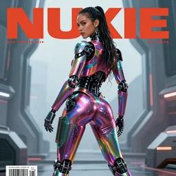 magazine cover body portrait of wet jessica alba robot cyborg young woman in a powerful standing pose from behind, overlooking a future SF from twin peaks, facing away from the camera, bold shiny rave outfit :: trending on artstation, morning, ue5, sci-fi concept art :: nixri, Greg rutkowski, wlop, ::
