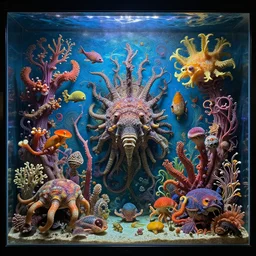 exotic deep sea animal aquarium in the style of heironymus bosch, colorful intricate masterpiece, hyper detailed, hd