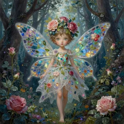 breathtaking detailed painting of a little fairy princess in the distance of a luxurious dawnforest, by ayami kojima and brom, gauze rose dress of stained glass floating around, detailed realistyc symmetrical facial features, amalgamation of leaves and flowers, 8 k, concept art, matte, sharp focus, rembrandt style
