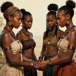 beautiful Zulu goddesses holding hands, focused, worried, highly detailed, artstation, concept art, sharp, illustration, art by artgerm and Ross Tran