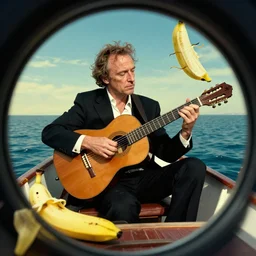 A banana playing a guitar in a boat, still, ultra real, by Denis Villeneuve with art direction by Salvador Dalí, wide lens