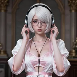 nier automata pod, pale pink and white silk robe and decollete bra, wearing glasses, listening to music, art by artgerm, wlop, loish, ilya kuvshinov, 8 k realistic, hyperdetailed, beautiful lighting, detailed background, depth of field, symmetrical face, frostbite 3 engine, cryengine,
