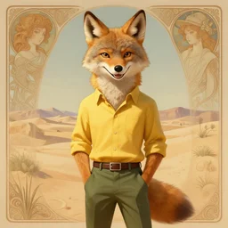 Character portrait of a smiling furry anthro coyote wearing a yellow button-down shirt and olive green slacks in the desert wilderness, intricate, elegant, highly detailed, digital painting, artstation, concept art, smooth, sharp focus, illustration, art by Krenz Cushart and Artem Demura and alphonse mucha