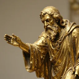 a golden statue of a beggar extending his hand, realistic, detailed