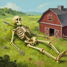 a painting of a giant skeleton on a farm laying against a barn with a spear through its rib cage, concept art by ismail inceoglu, trending on artstation, environmental art, apocalypse art, 2 d game art, concept art