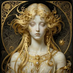 a beautiful girl made of ivory and gold, highly intricate, digital art, very detailed, in the style of a weird and dark eerie liminal art nouveau flemish painting, 8k, dark