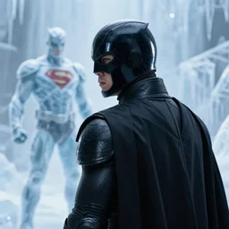 shiny black helmeted man wearing black armor and black cape in the foreground faces away from the camera, in the background a second man is a superhero made of ice, dangerous icy environment, cinematic, graphic novel, matte fantasy painting, extremely high detail, photo realistic, 4k, pen and ink, intricate line drawings, post processed, Artstation