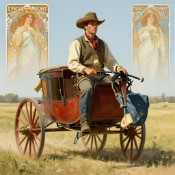 hyperrealist portrait of a cowboy driving stage coach by fredrick remington and alphonse mucha, fantasy art, photo realistic, dynamic lighting, artstation, poster, volumetric lighting, very detailed faces, 4 k, award winning