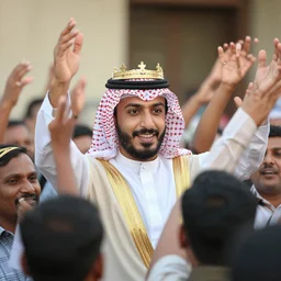emad wearing a crown, cheerded by the people