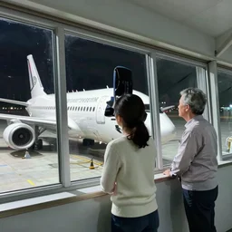 looking out of the hanger windows inside a spaceport at night by naomi okubo and dan mumford