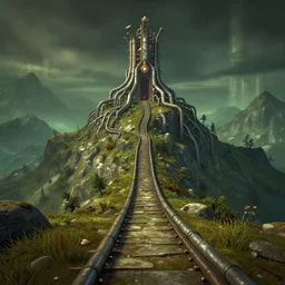 Winding paths going up a mountain leading towards a mechanical shrine, metallic pipes like tree roots, outer wilds screenshot, portal 2 screenshot, digital art, artstation, by Charles Sheeler and Jordan Grimmer and Victor Mosquera