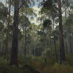 a painting of trees in a forest with a sky background, a matte painting by kaii higashiyama, deviantart, australian tonalism, matte drawing, concept art, matte painting