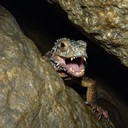 photo inside a cavern of a wet reptilian humanoid robert wyatt partially hidden behind a rock, with black eyes, open mouth and big teeth