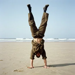 paulie shore doing a handstand on the beaches of normandy on d - day