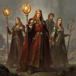 kings court rulers spinning spell, d & d, fantasy, portrait, highly detailed, digital painting, trending on artstation, concept art, sharp focus, long shot, illustration, art by artgerm and greg rutkowski and magali villeneuve