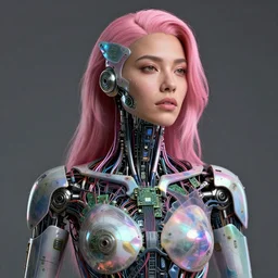 portrait of a mexican woman with pink hair as a cyberpunk cyborg half robot, revealing wires and electronics, circuit boards, wire management, sci - fi, missing panels, intricate abstract upper body intricate artwork, concept art, octane render, deviantart, cinematic, key art, hyperrealism, iridescent accents, portrait photograph, nikon 3 5 mm, photograph by greg rutkowski