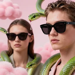 3 d close - up, two fashion models in sunglasses, pink clouds background, green snakes, hyper detailed, photo realistic, vouge style photo, drops of clean water, artwork by tooth wu and wlop and beeple and greg rutkowski