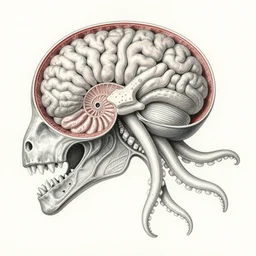 hyper-detailed color pencil antique medical illustration of Kaiju head crosssection, nautilus brain, ribcage, xhenomorph, with tentacles coming out of open mouth and exposed jaw bone, symmetrical