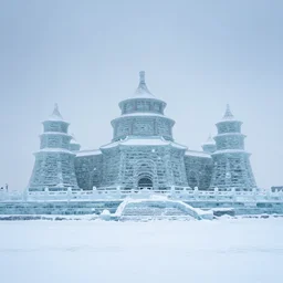 a landscape with palace, a very windy and cold place, everything is made out of ice, snowing, cinematic lighting