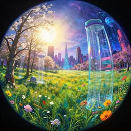 a beautiful very detailed illustration of kingdom urbex by david hockney, morning sun fisheye landscape futuristic thermal vision meadow at night at spring made of glass showers cyberpunk nightvision lightpaint extraterrestial cosmic infrared neon signs liberty city anime, archdaily, wallpaper, highly detailed, trending on artstation.